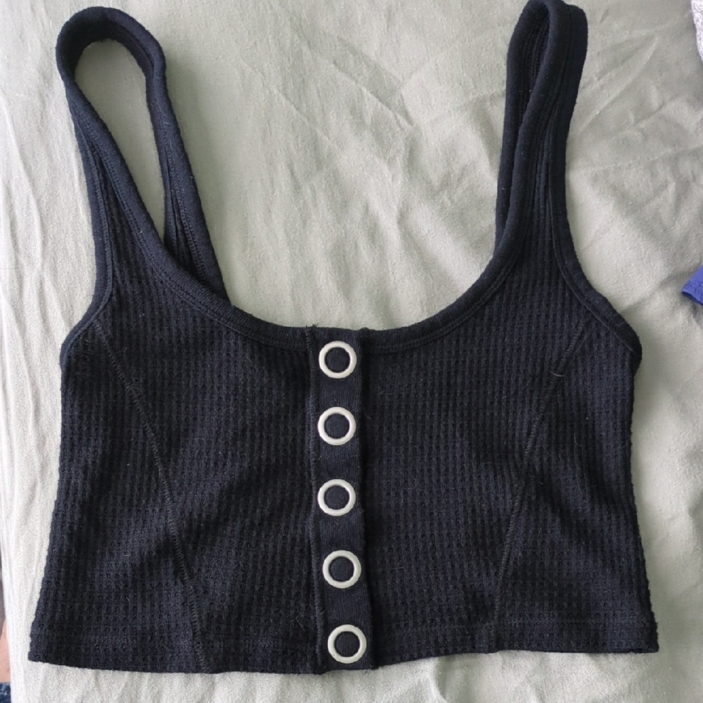 Free People Black Ribbed Button-Front Crop Top